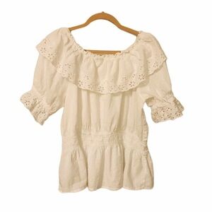 Target white ruffle top with eyelet around neck and sleeves peplum cinched waist